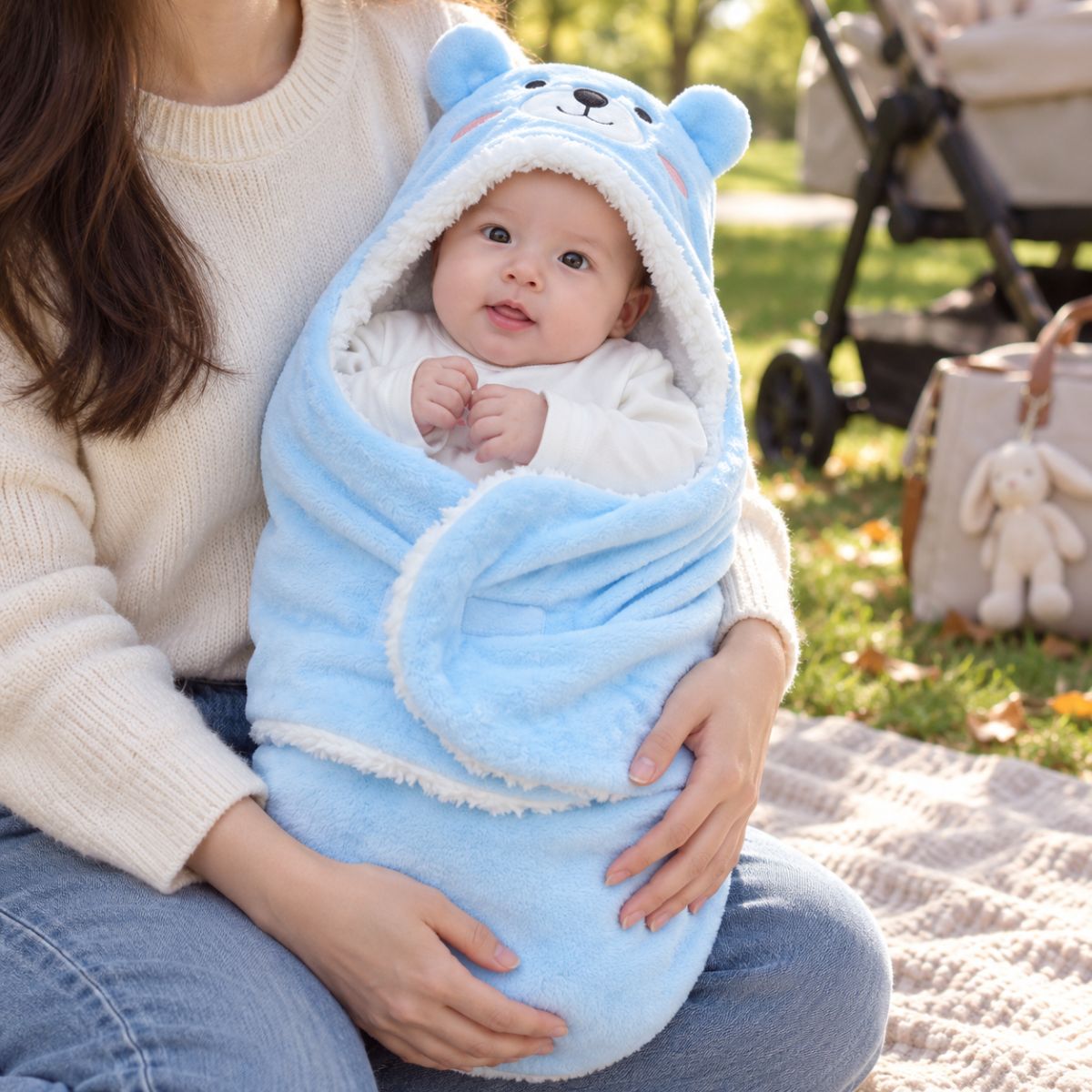 Nid d'ange bleu à motif ourson avec pans rabattables, porté avec une poussette visible derrière
