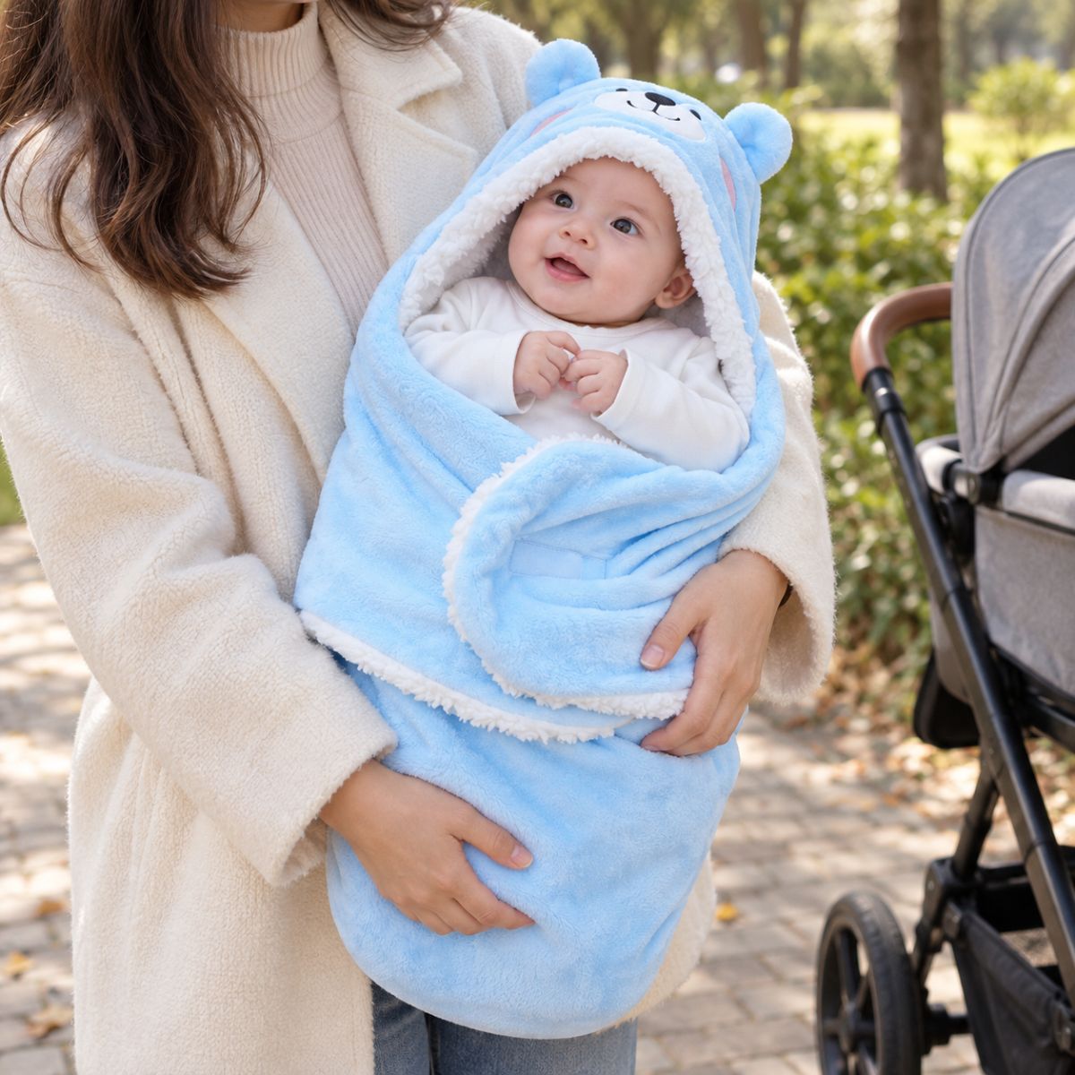 Nid d'ange bleu à motif ourson tenu près d'une poussette avec fermeture Velcro visible