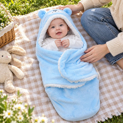 Nid d'ange bleu en flanelle à motif ourson posé avec forme enveloppante et pans rabattables