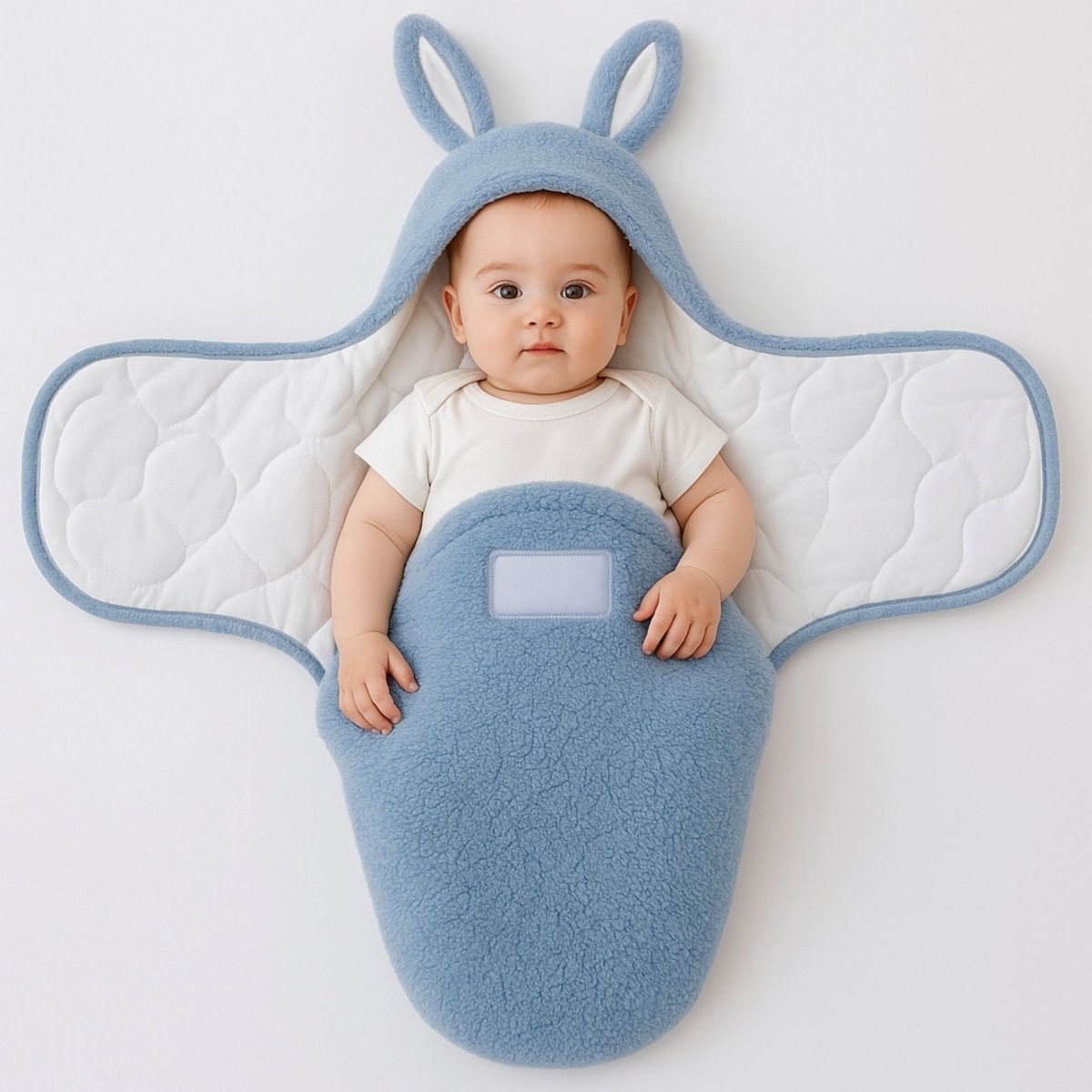 Nid d’ange cosy bleu ouvert avec bébé éveillé, capuche lapin visible
