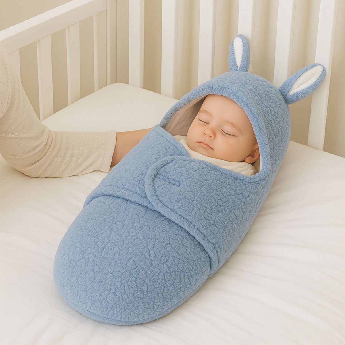 Nid d’ange cosy bleu fermé, bébé endormi dans son lit, oreilles visibles