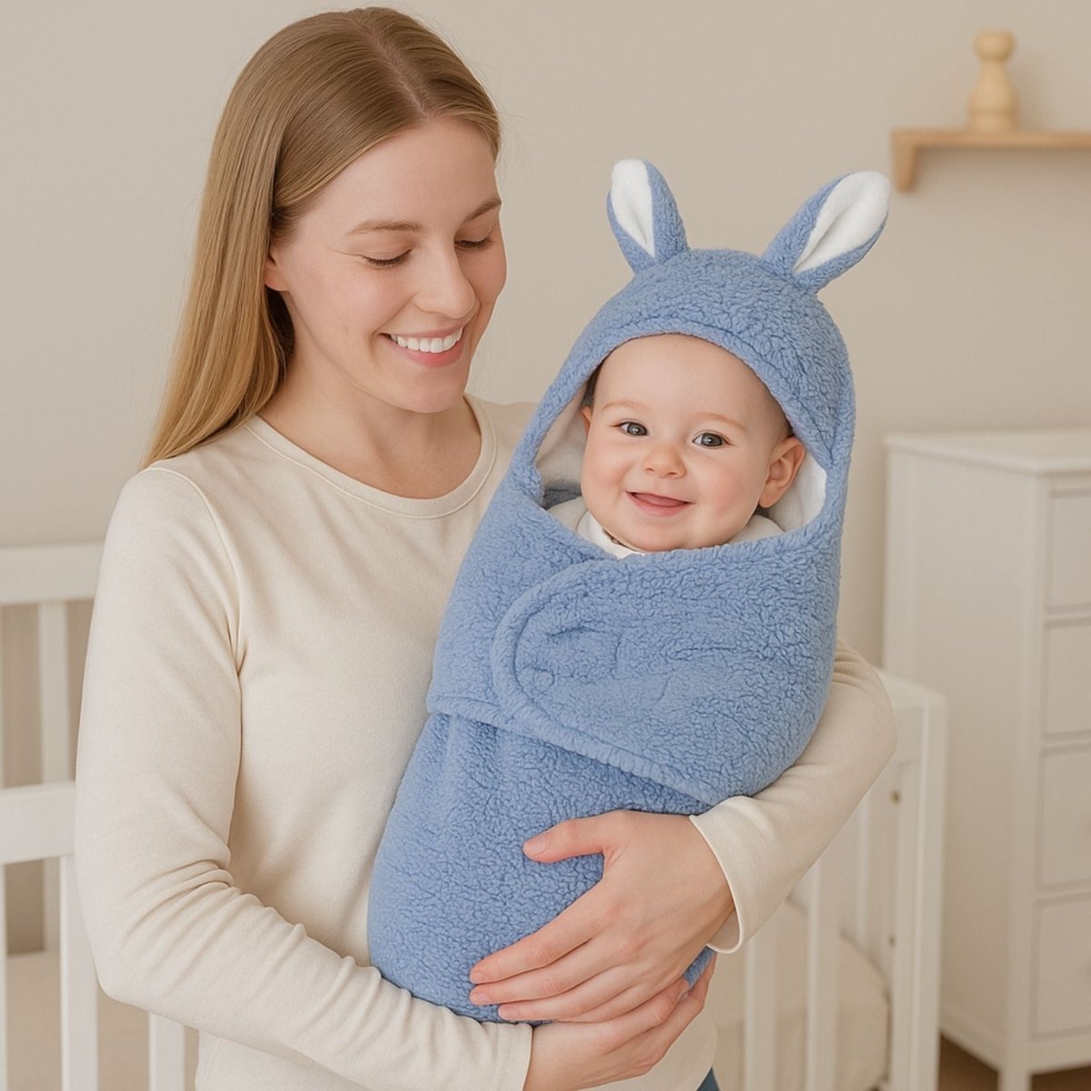 Nid d’ange cosy bleu avec motif lapin, bébé dans les bras de sa maman