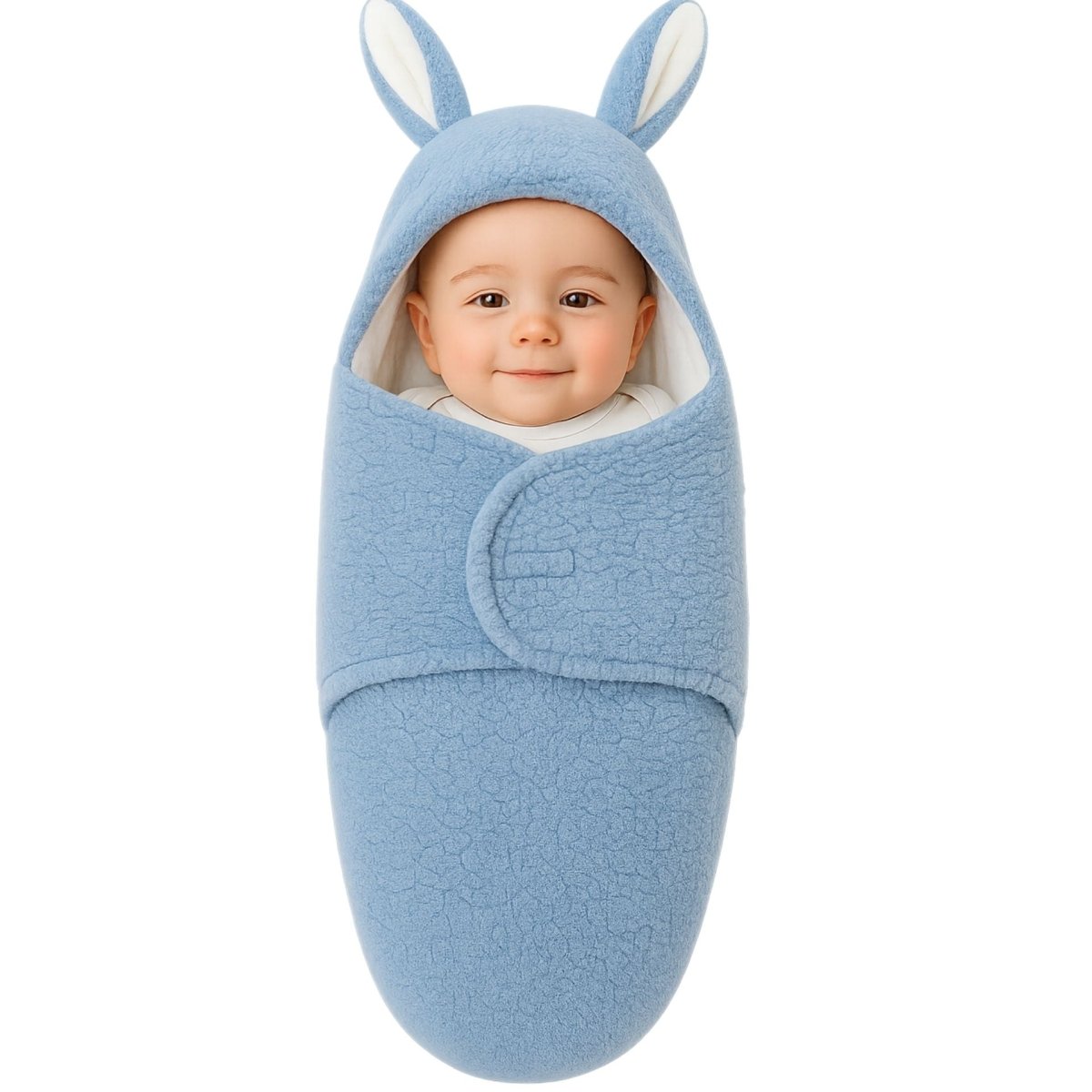 Nid d’ange cosy bleu bien fermé, bébé assis avec oreilles lapin apparentes