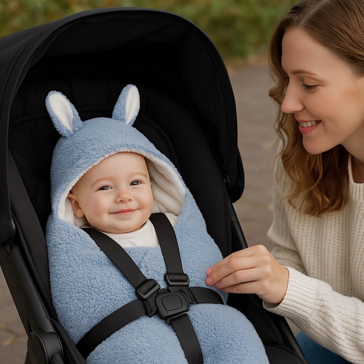Nid d’ange cosy bleu avec capuche lapin, bébé souriant dans une poussette