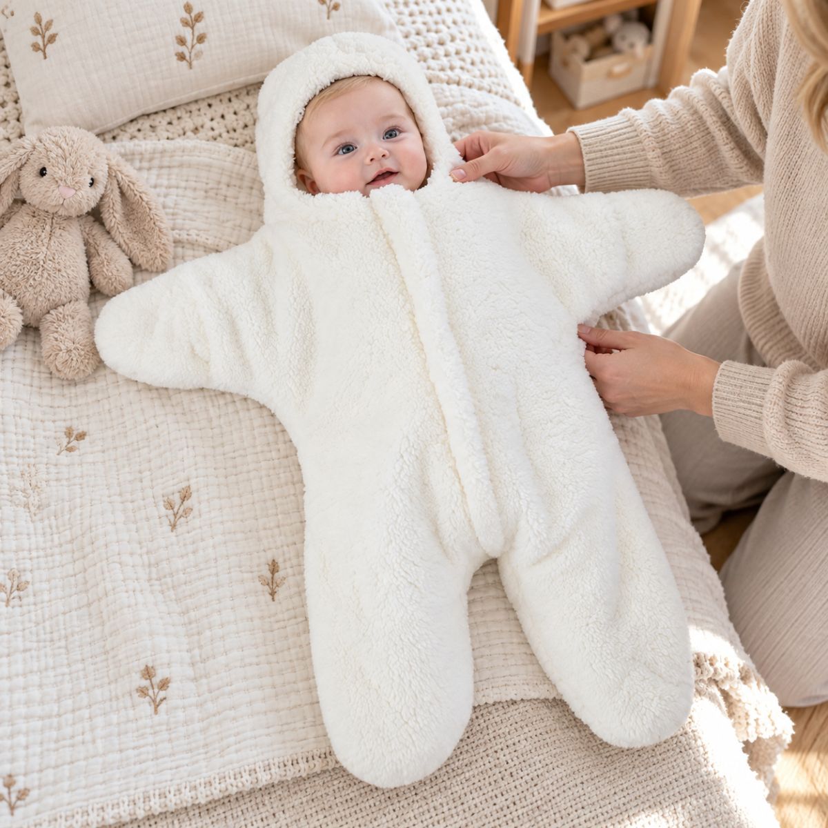 Nid d'ange cosy blanc à capuche intégrée, avec manches longues et jambes séparées
