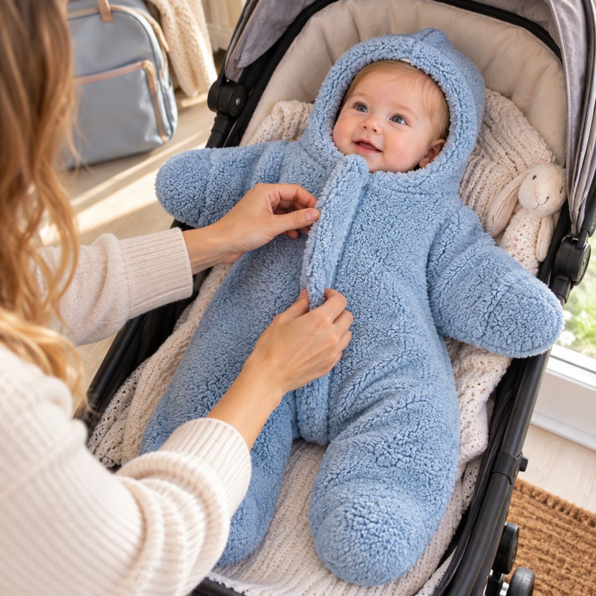 Nid d'ange cosy hiver bleu à capuche intégrée et jambes séparées, installé dans une poussette