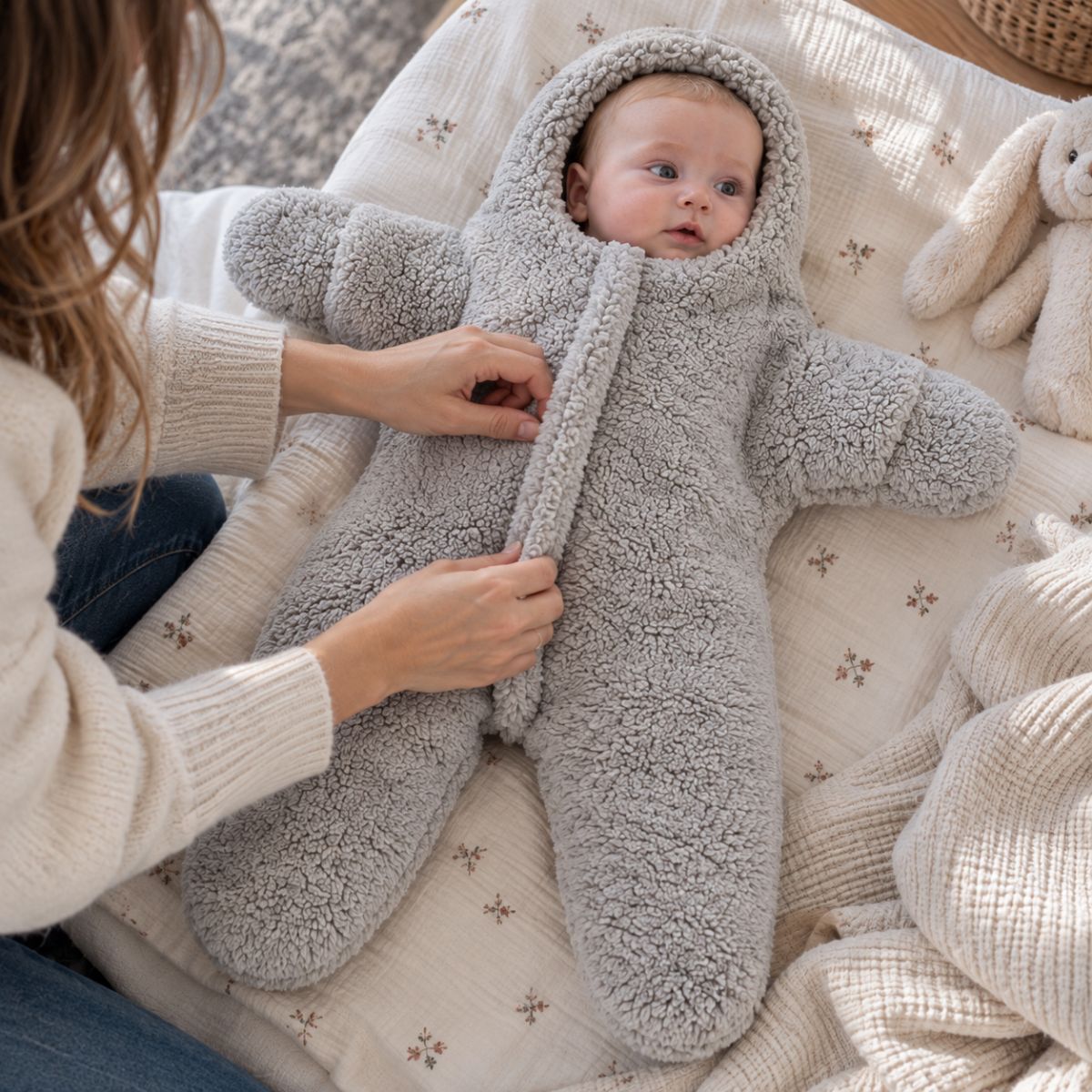 Nid d'ange capuche gris avec zip frontal, manches longues et jambes séparées pendant l'habillage
