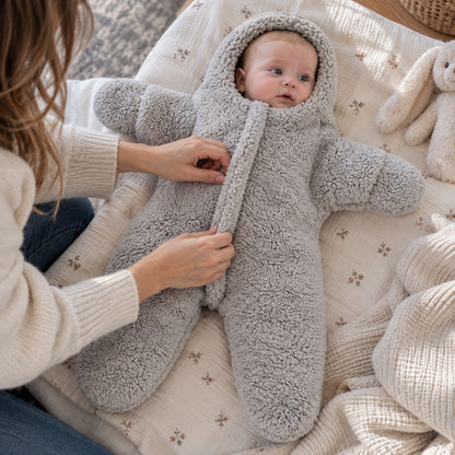 Nid d'ange capuche gris avec zip frontal, manches longues et jambes séparées pendant l'habillage