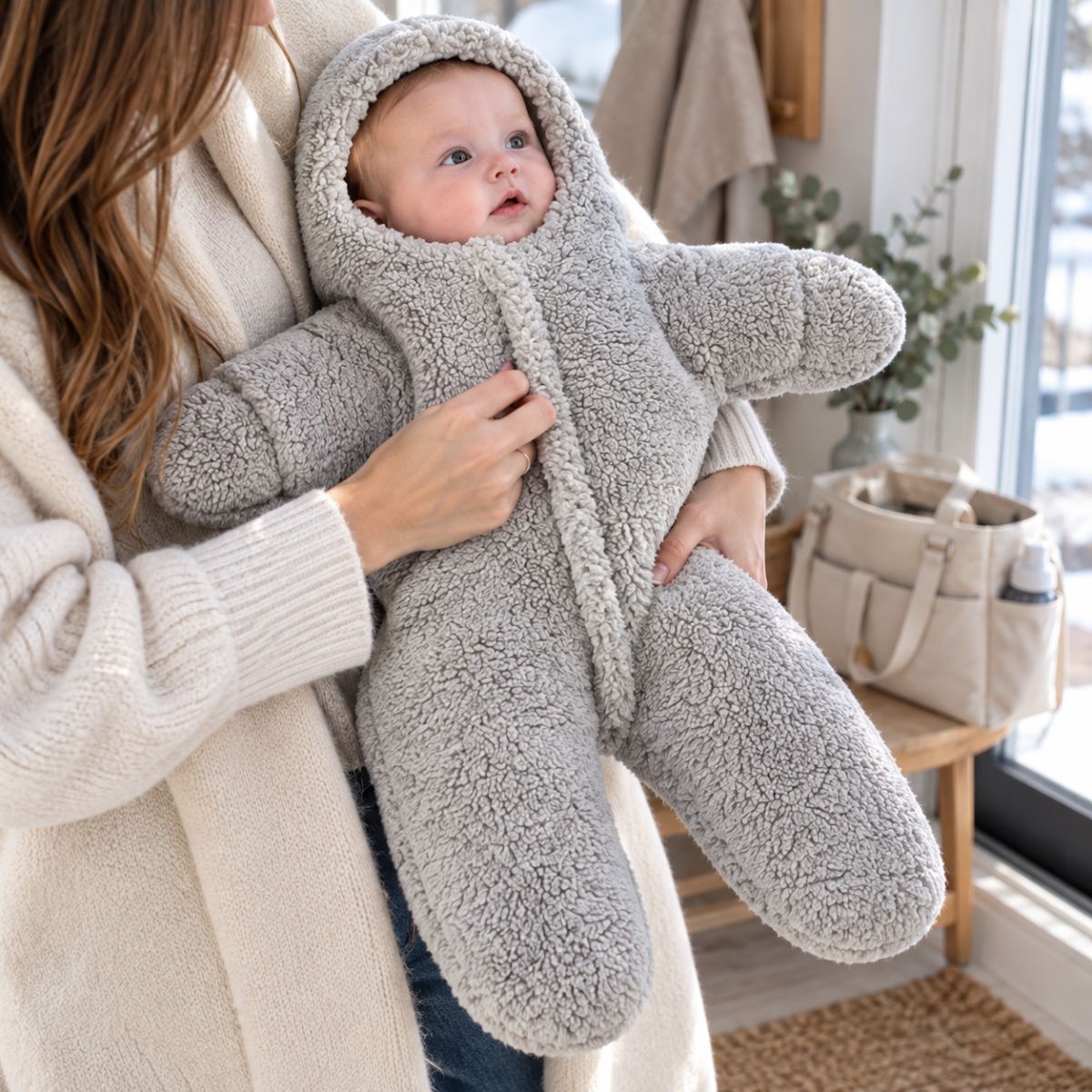 Nid d'ange bebe cosy gris à capuche intégrée et jambes séparées, porté dans les bras