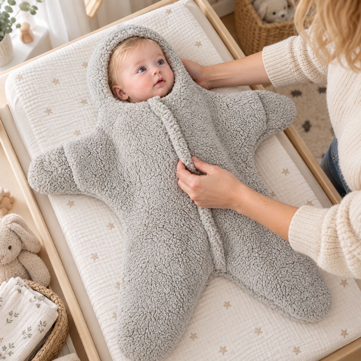 Nid d'ange hiver gris à capuche intégrée et manches longues, présenté de face sur une table à langer