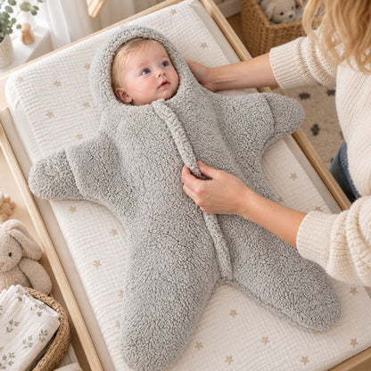 Nid d'ange hiver gris à capuche intégrée et manches longues, présenté de face sur une table à langer