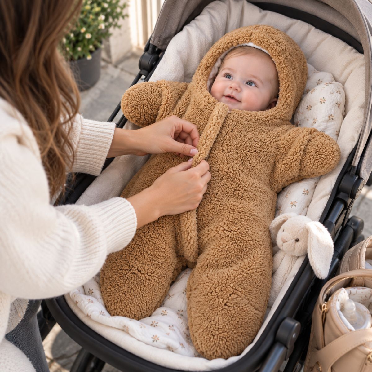 Nid d'ange cosy kaki à capuche intégrée avec jambes séparées, présenté dans une poussette