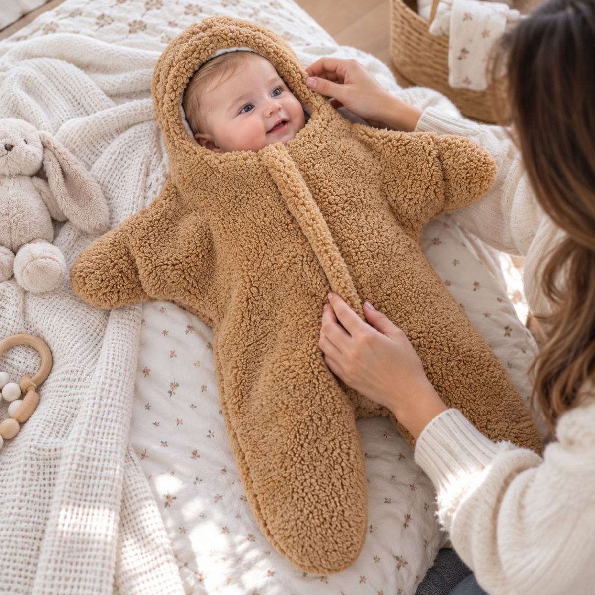 Nid d'ange cosy kaki à capuche intégrée avec zip frontal et jambes séparées pendant l'habillage