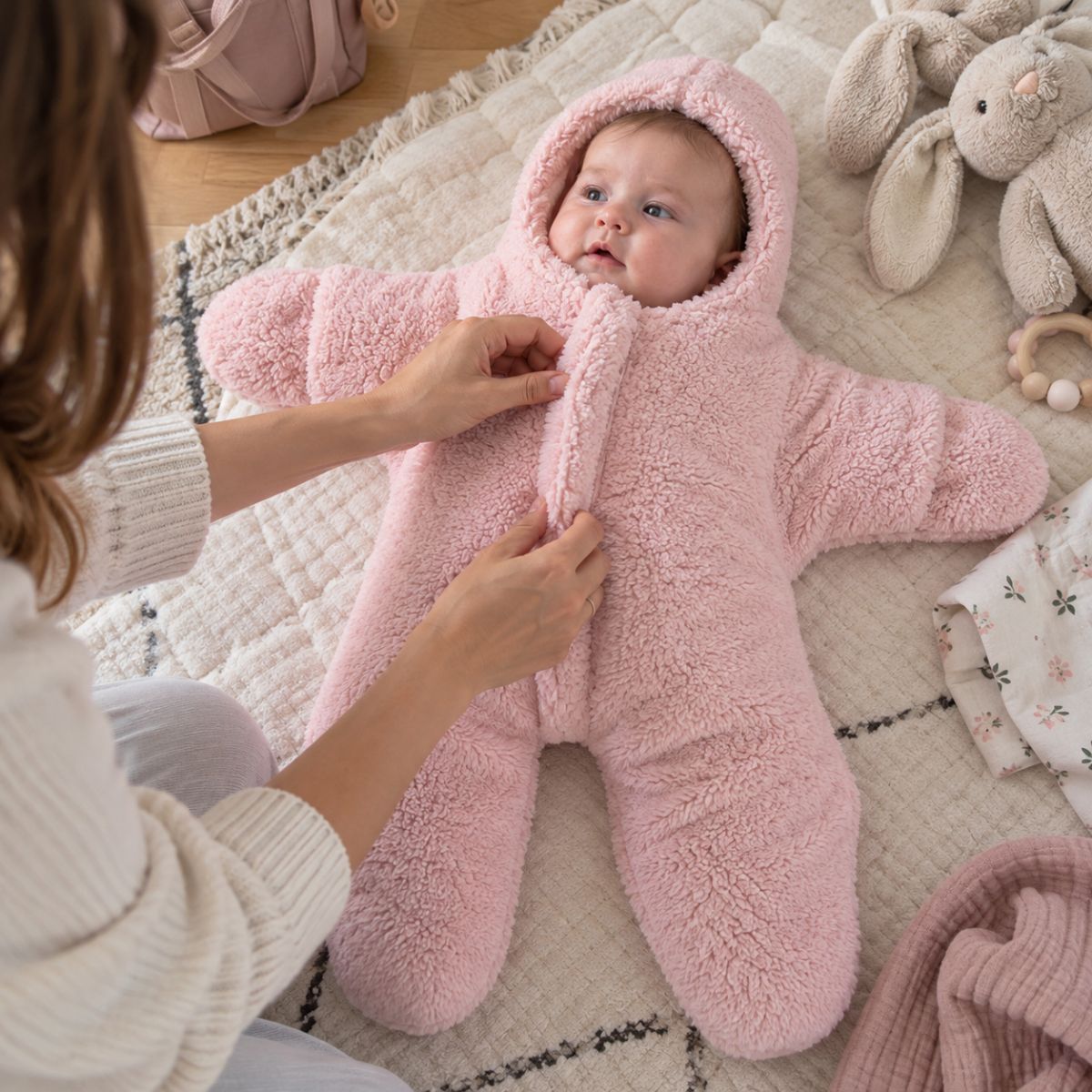 Nid d'ange coton rose avec capuche intégrée, zip frontal et jambes séparées pendant l'habillage