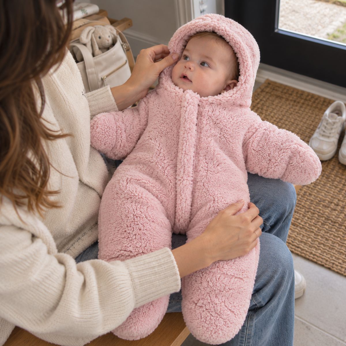 Nid d'ange bebe cosy rose à capuche intégrée et manches longues, porté dans les bras