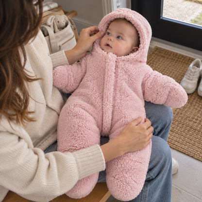 Nid d'ange bebe cosy rose à capuche intégrée et manches longues, porté dans les bras