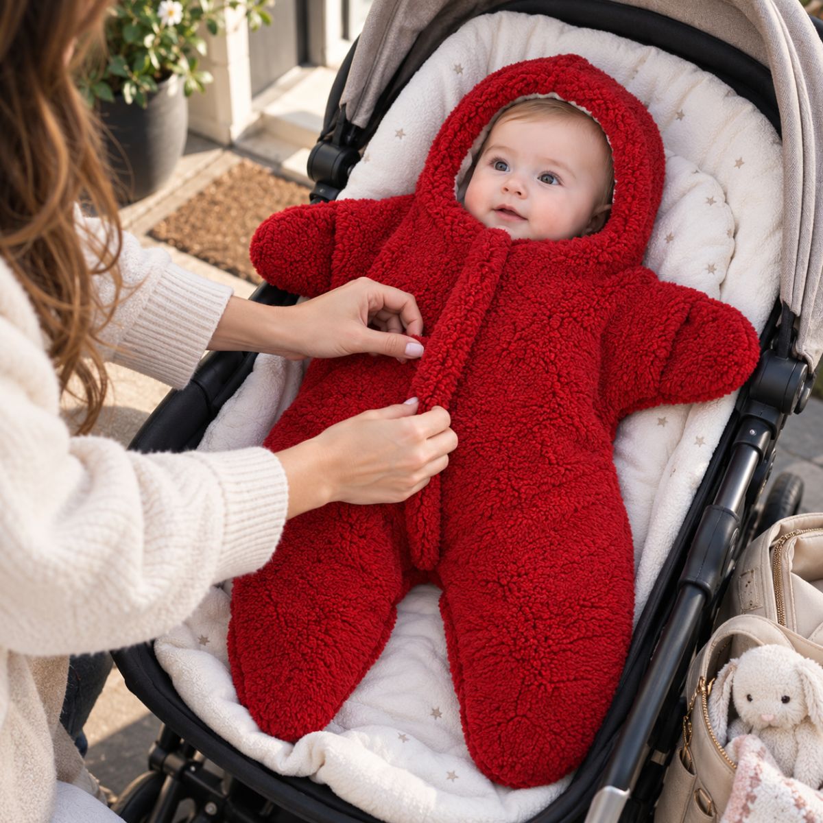 Nid d'ange hiver rouge à capuche intégrée avec zip frontal et jambes séparées, installé dans une poussette