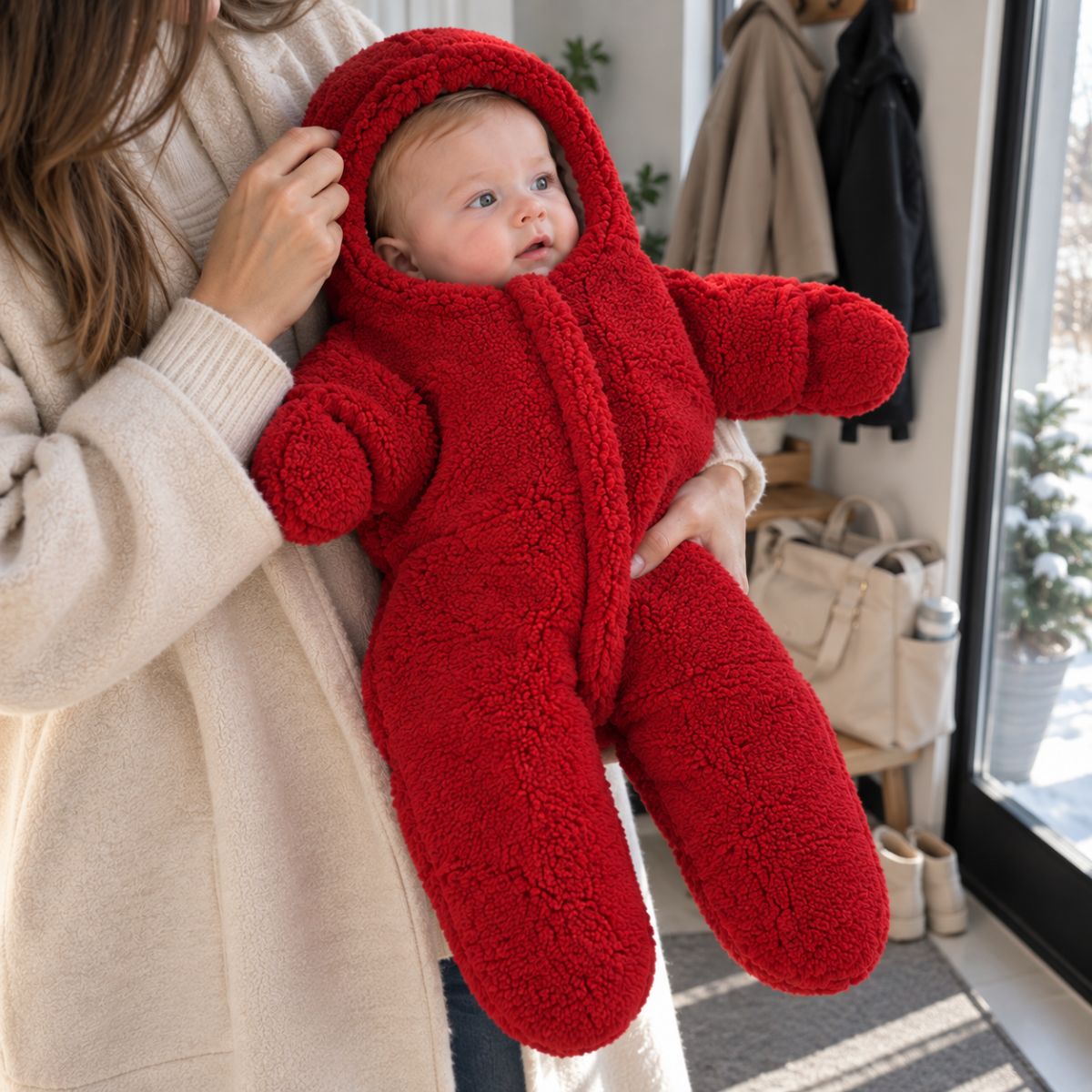 Nid d'ange jambes séparées rouge avec capuche intégrée et manches longues, porté en intérieur