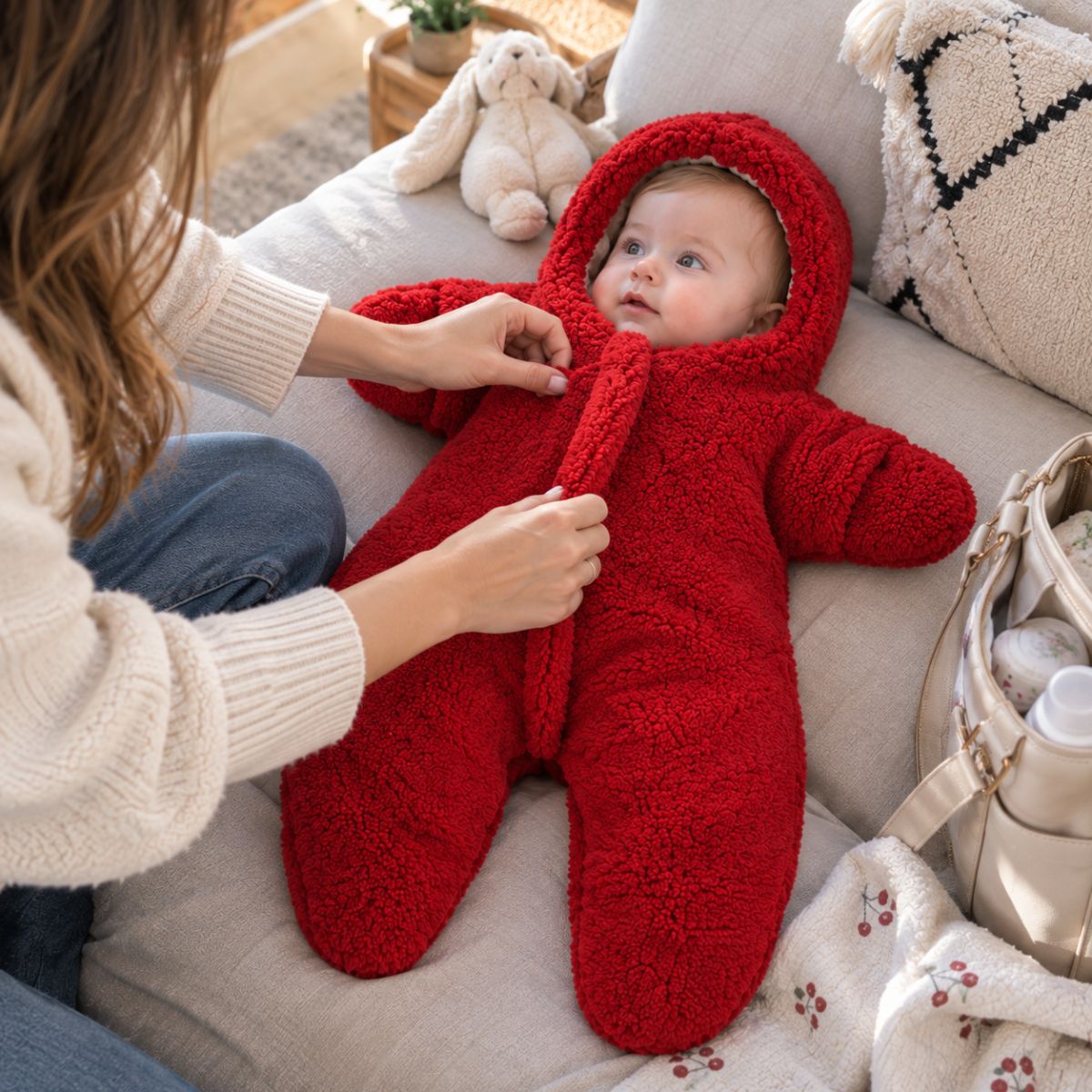 Nid d'ange capuche rouge avec zip frontal, manches longues et jambes séparées pendant l'habillage