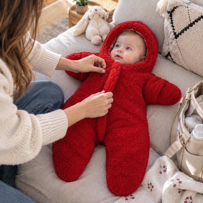 Nid d'ange capuche rouge avec zip frontal, manches longues et jambes séparées pendant l'habillage
