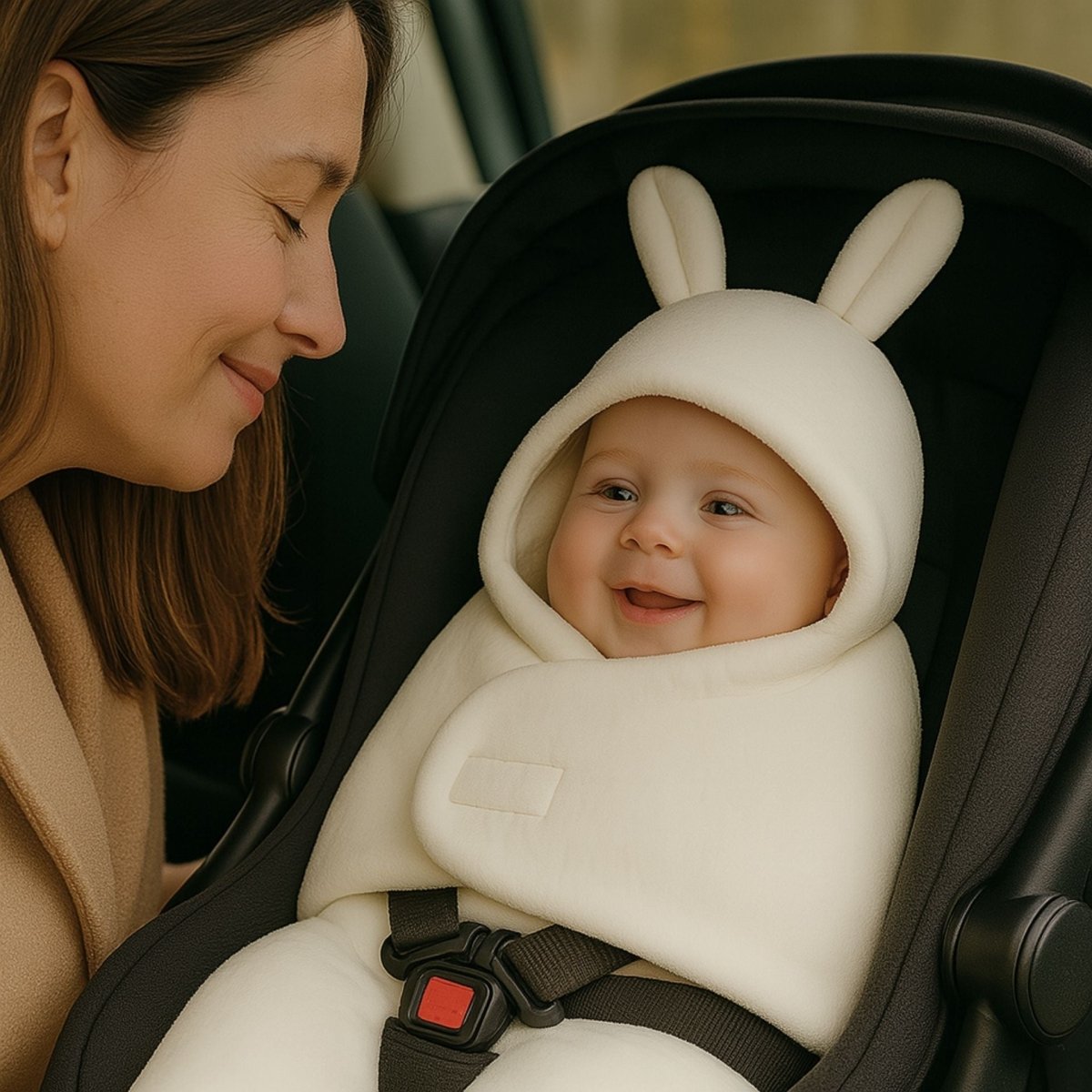 nid d’ange cosy blanc avec capuche intégrée, bébé protégé dans un cosy en voiture