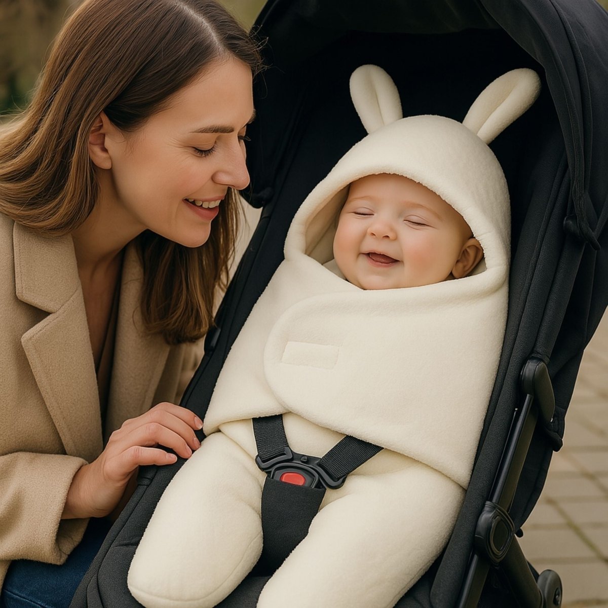 nid d’ange cosy blanc avec capuche couvrante pendant une sortie en poussette avec maman