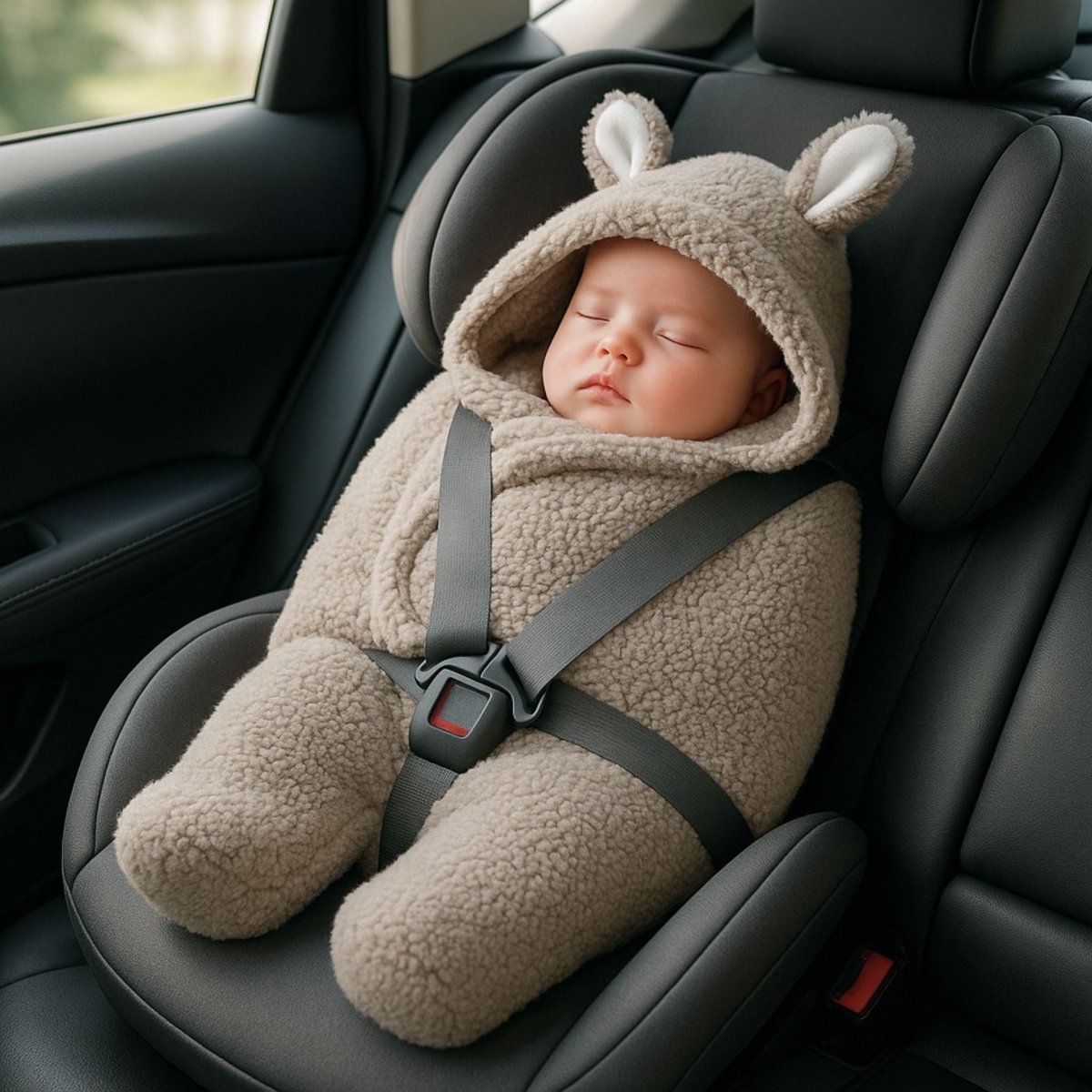 bébé endormi dans un nid d’ange cosy gris, attaché en toute sécurité dans un siège auto