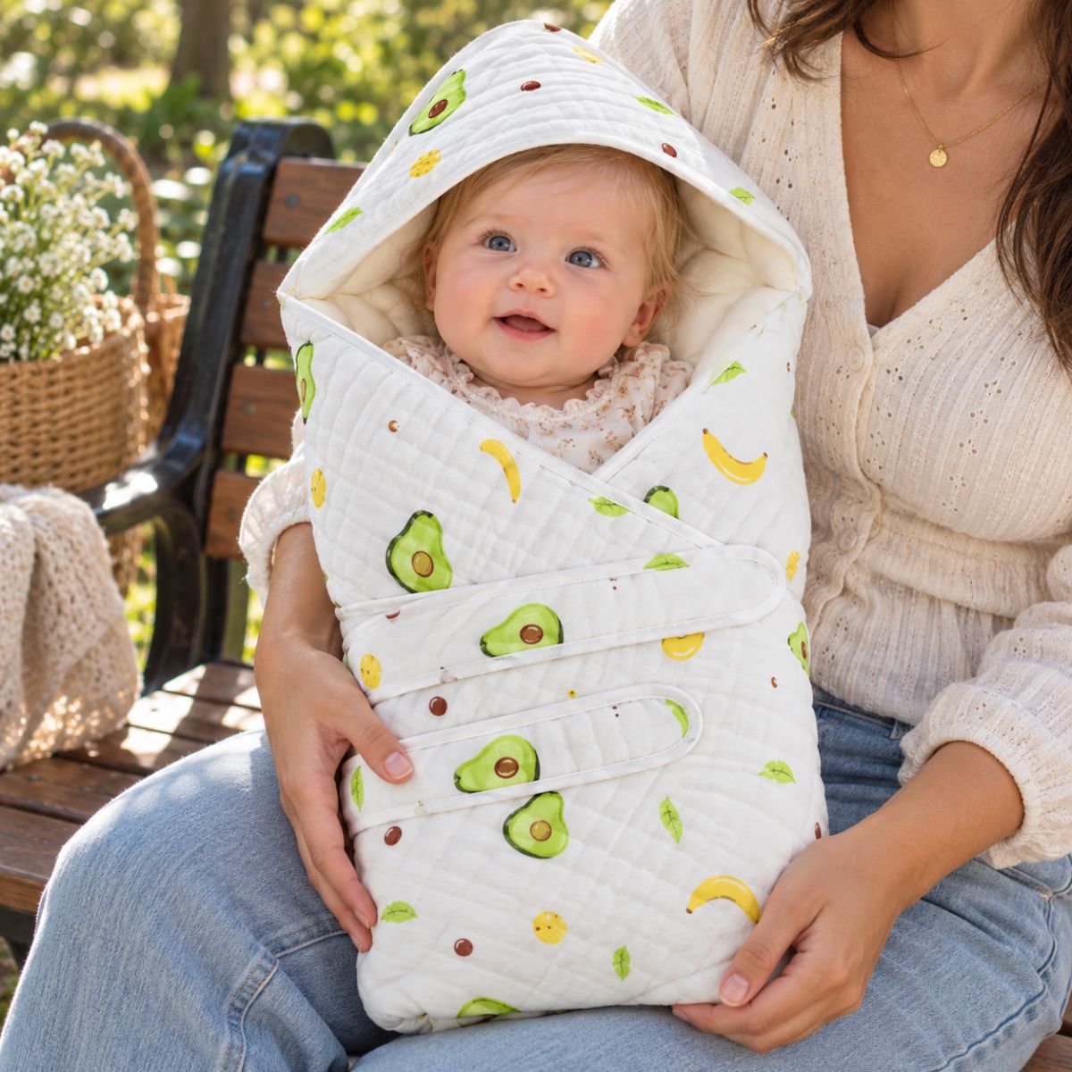 Nid d'ange gaze de coton à motifs avocat et banane, avec capuche intégrée et deux bandes de maintien