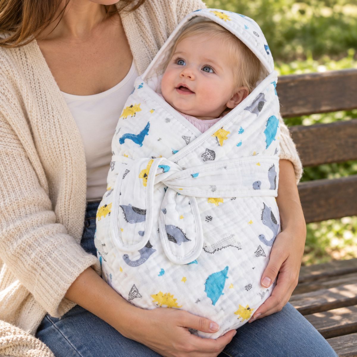 Nid d'ange gaze de coton à motifs dinosaures, présenté fermé avec bébé, capuche intégrée et deux bandes de maintien