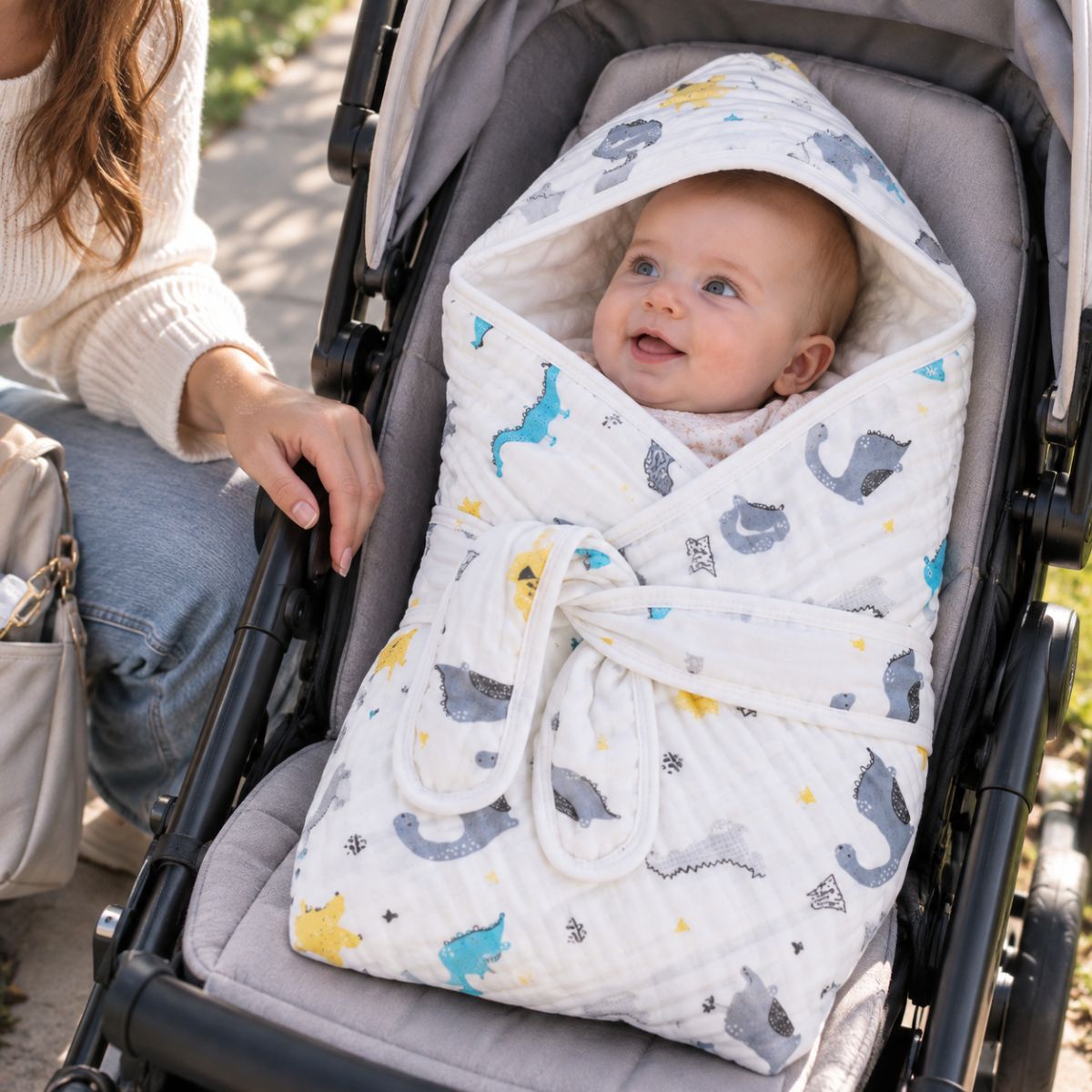 Bébé installé dans le nid d'ange gaze de coton à motifs dinosaures, avec pans croisés et deux bandes de maintien