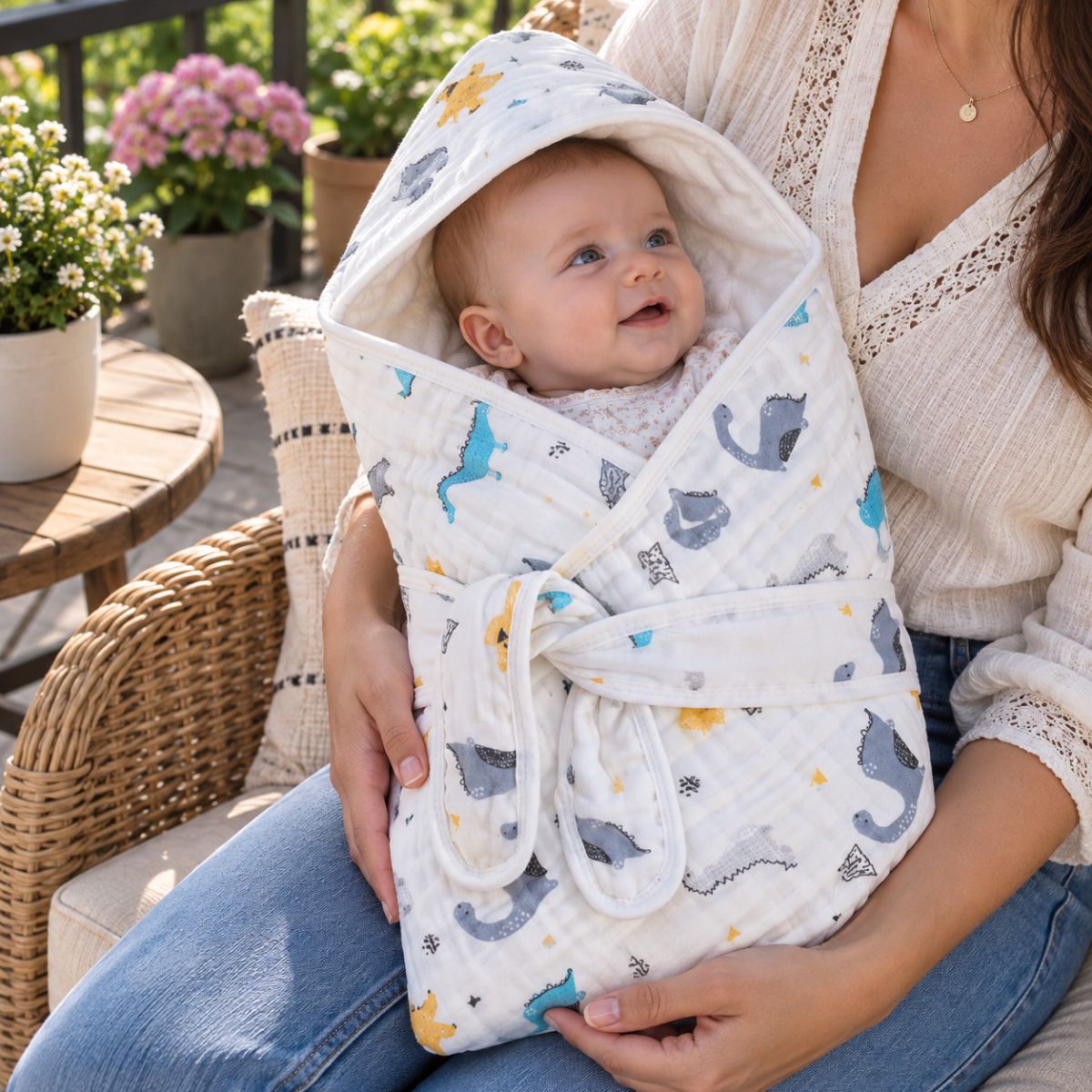 Bébé installé dans le nid d'ange gaze de coton à motifs dinosaures, avec capuche intégrée et deux bandes de maintien