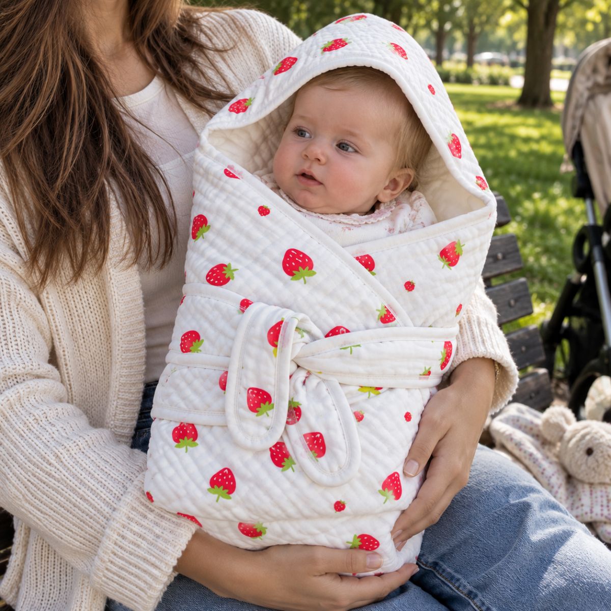 Nid d'ange gaze de coton à motif fraises avec deux bandes de maintien visibles autour de bébé