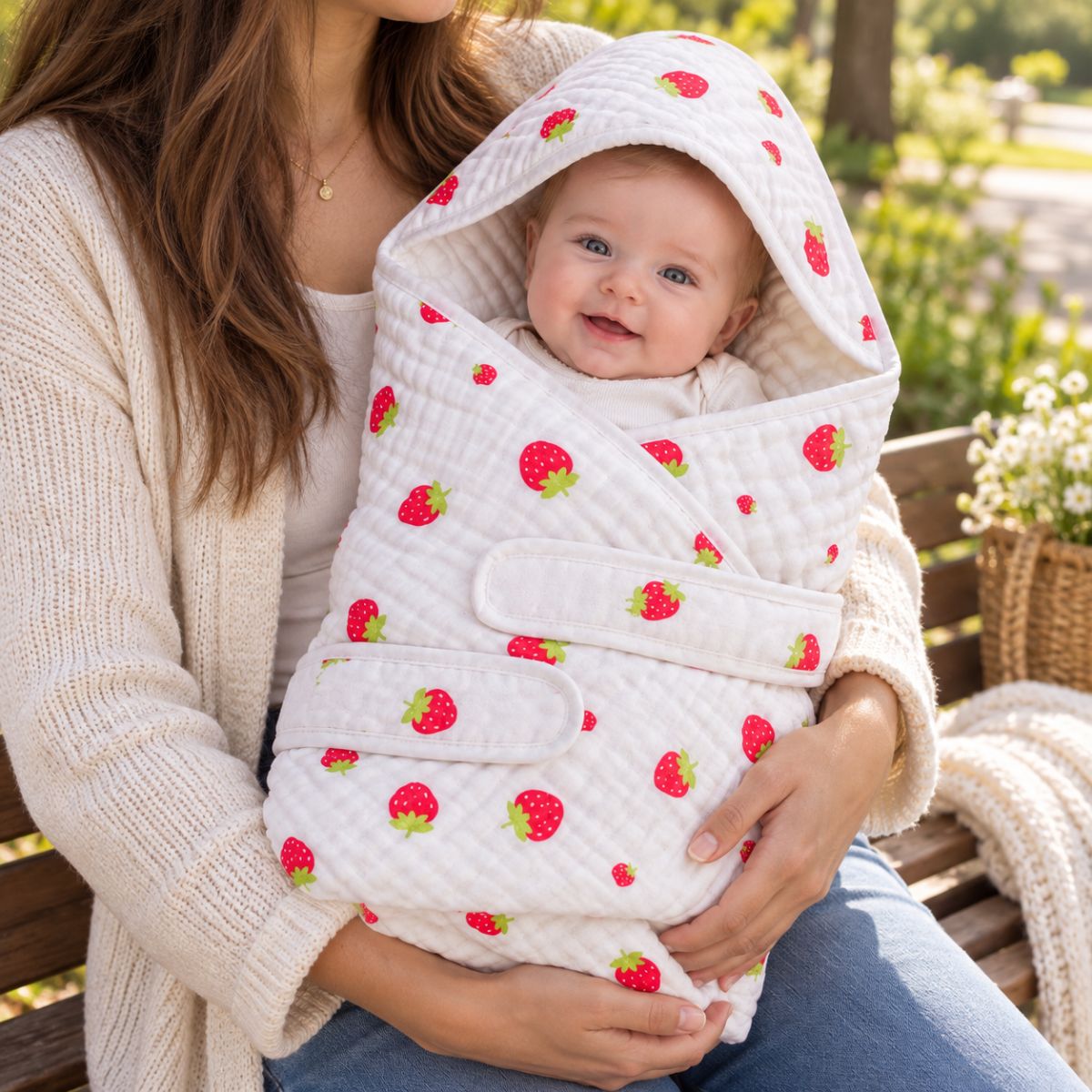 Nid d'ange gaze de coton à motif fraises avec pans croisés, capuche intégrée et bandes de maintien