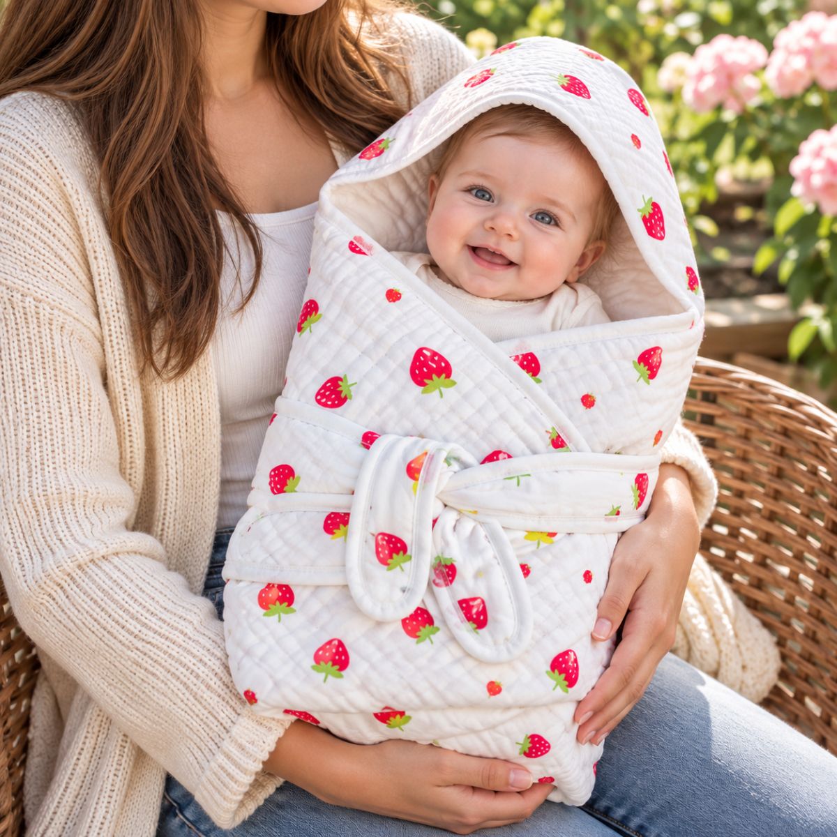 Nid d'ange gaze de coton à motif fraises, avec capuche intégrée, pans croisés et deux bandes de maintien
