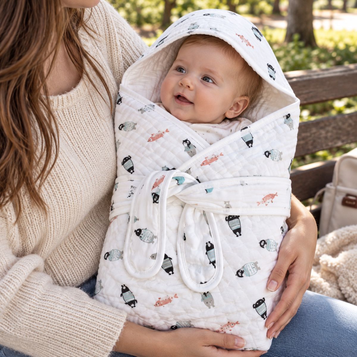 Bébé installé dans le nid d'ange gaze de coton blanc à petits motifs noirs et gris, avec capuche intégrée et deux bandes de maintien
