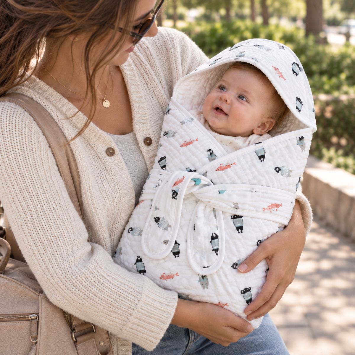 Bébé enveloppé dans le nid d'ange gaze de coton à petits motifs, avec capuche intégrée et deux bandes de maintien, porté par sa maman