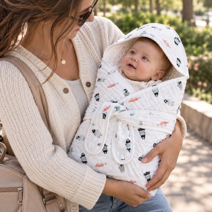 Bébé enveloppé dans le nid d'ange gaze de coton à petits motifs, avec capuche intégrée et deux bandes de maintien, porté par sa maman
