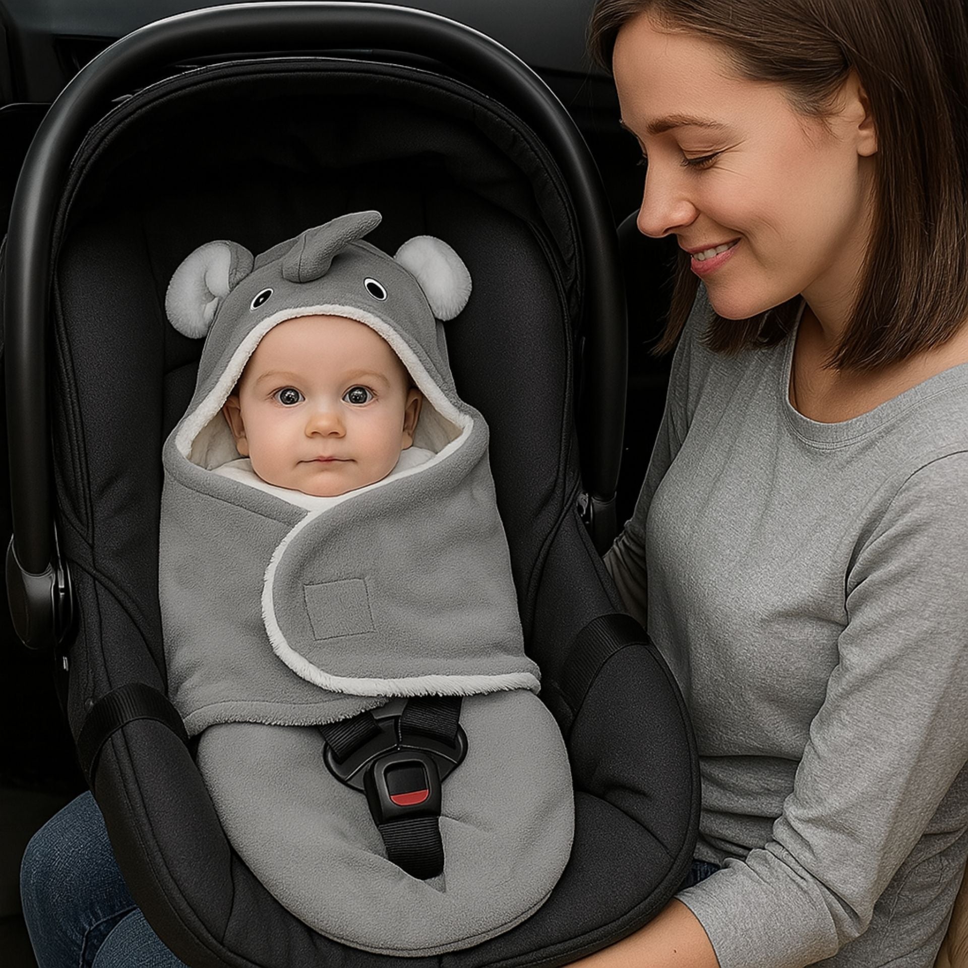 Nid d’ange gris porté en siège auto, bébé éveillé, maman souriante à ses côtés