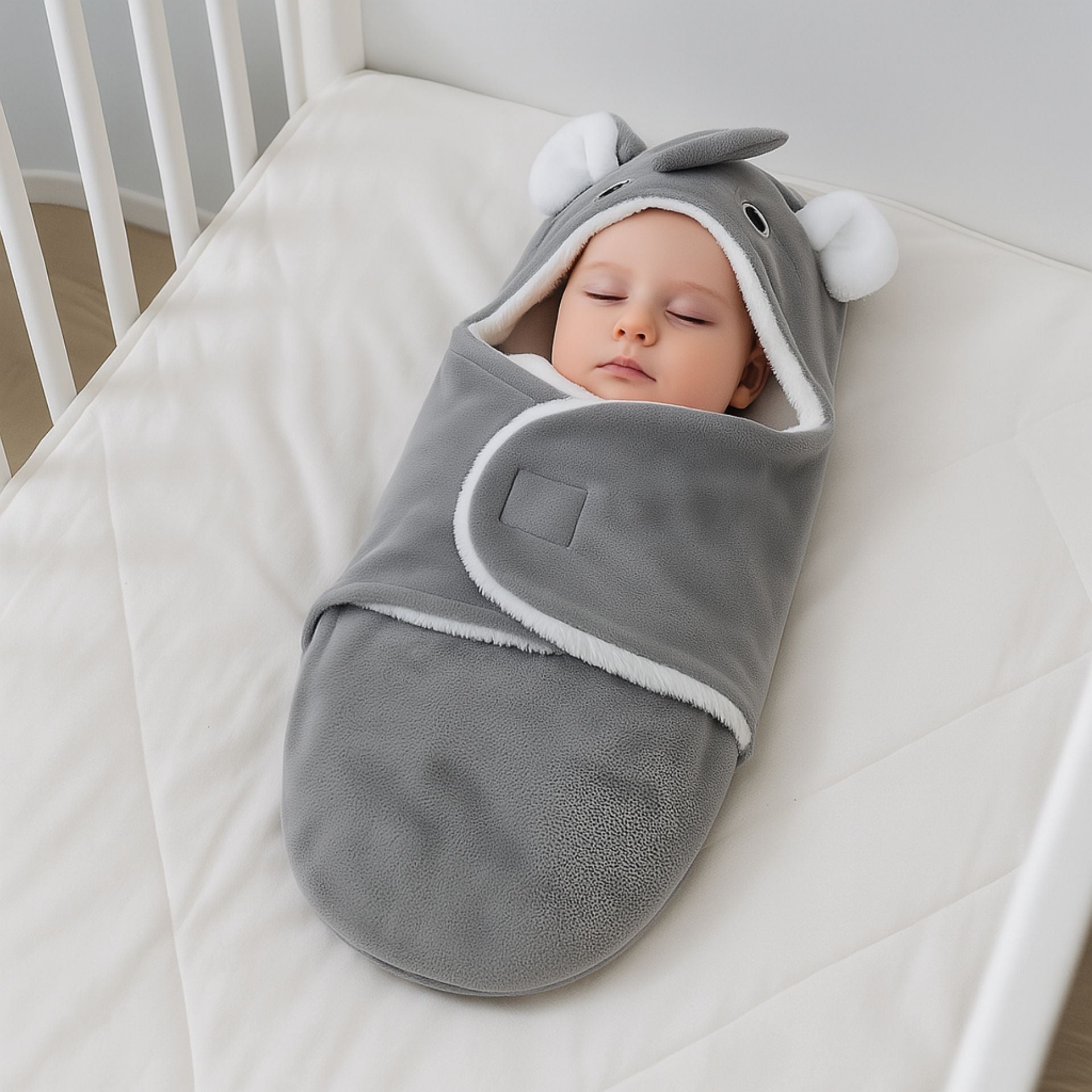 Bébé dormant dans un nid d’ange gris doux à bordures blanches, posé dans un lit