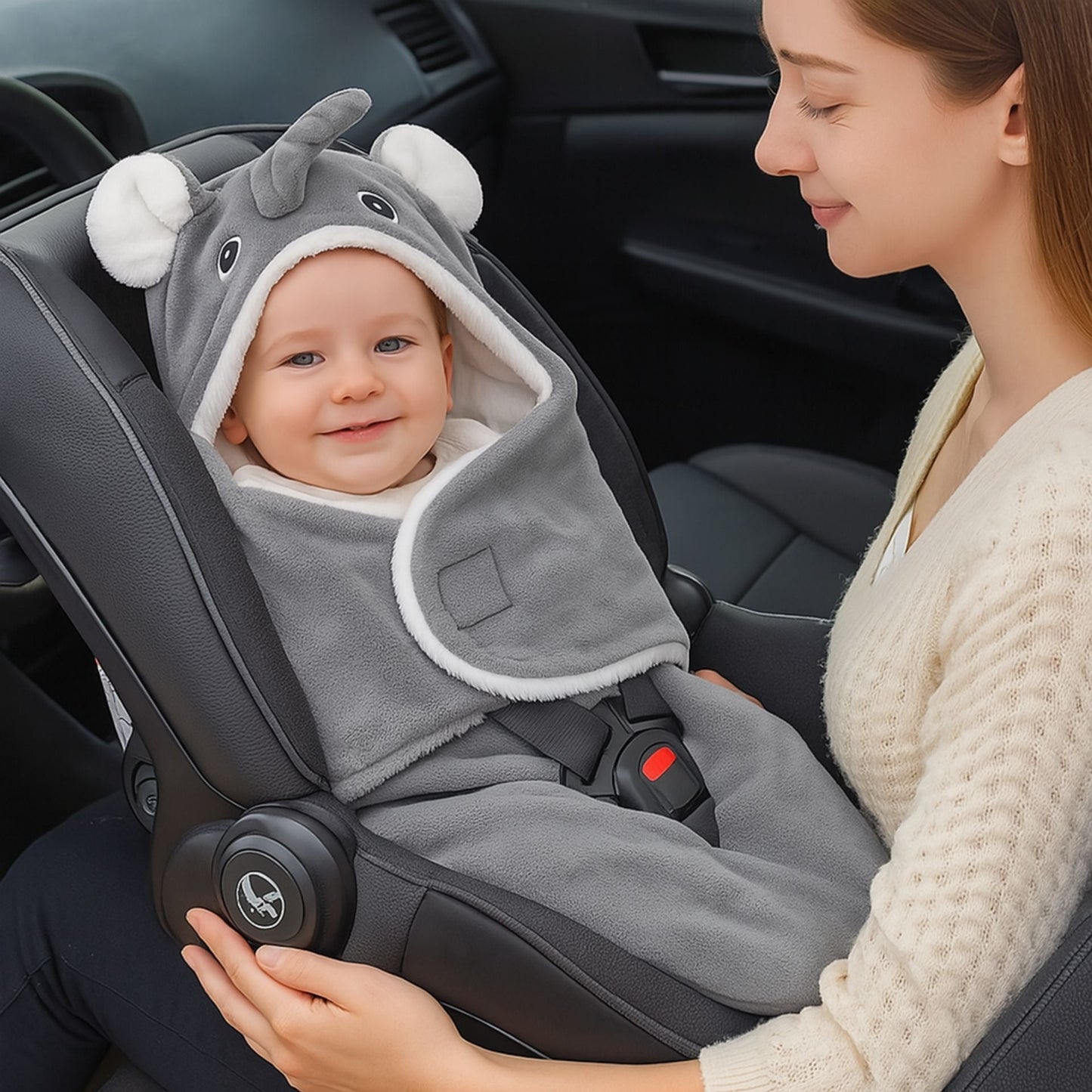 Nid d’ange bébé gris clair dans un cosy de voiture, bébé détendu en promenade