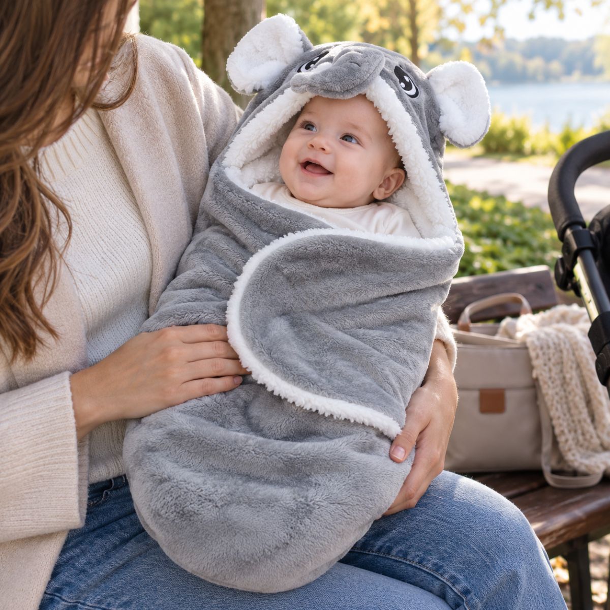 Nid d'ange gris à motif éléphant avec conception enveloppante