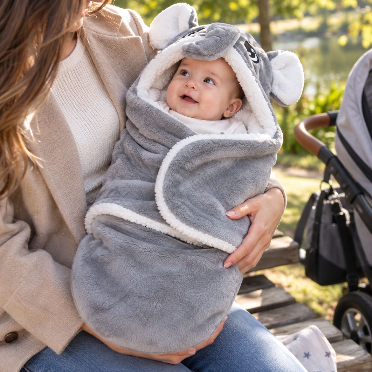 Nid d'ange gris à motif éléphant près d'une poussette