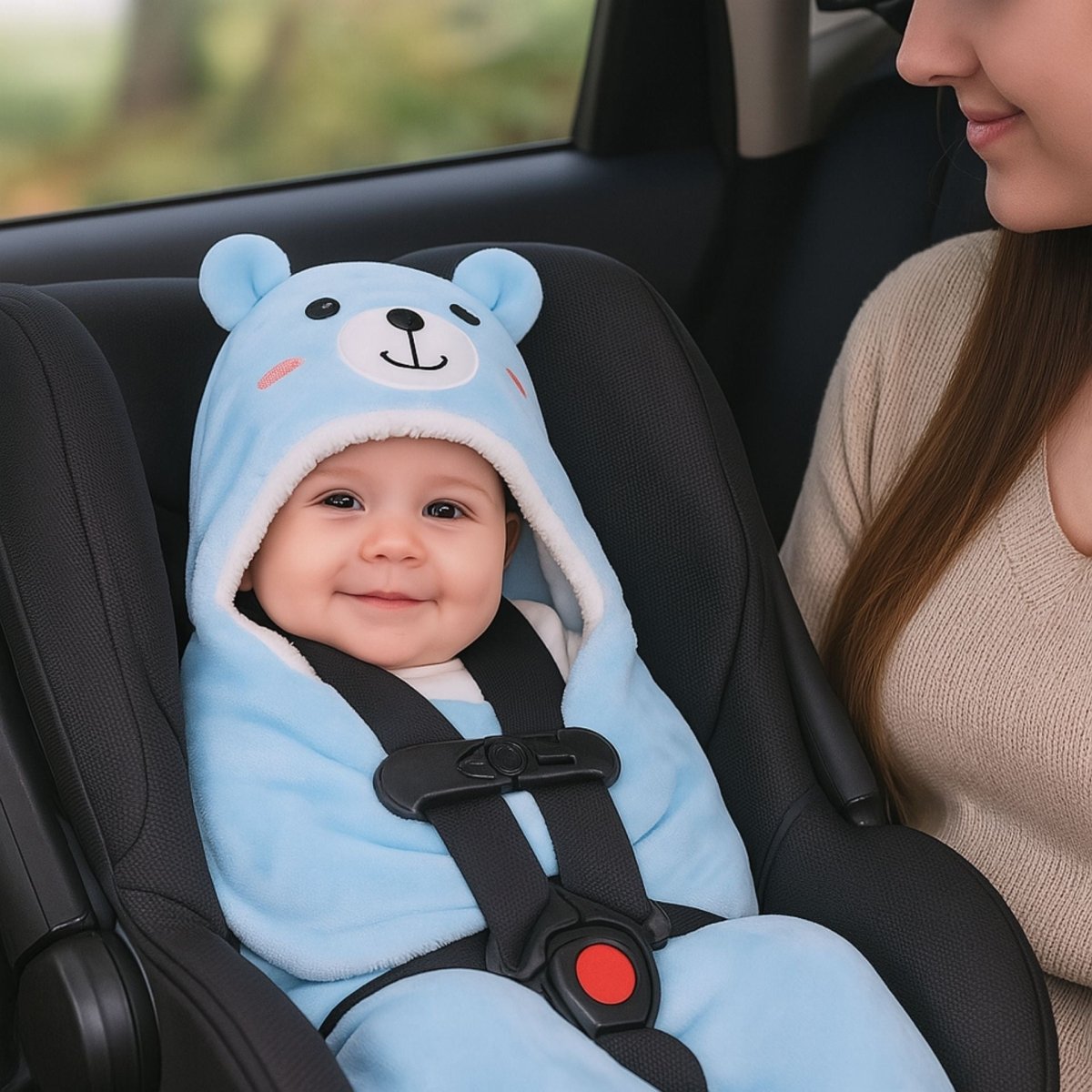 Bébé attaché dans un siège auto, habillé d’un nid d’ange bleu ciel à capuche ourson pour un confort optimal en déplacement.