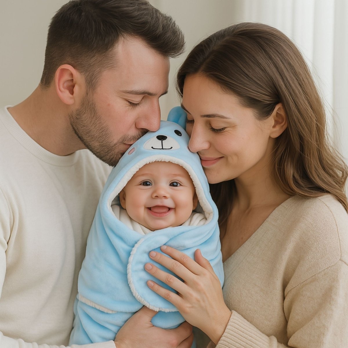 Famille réunie autour de leur bébé dans un nid d’ange bleu à capuche ourson, profitant d’un instant complice et chaleureux