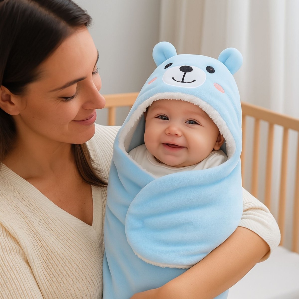 Maman tenant son bébé dans un nid d’ange bleu à capuche ourson, partageant un moment de tendresse et de douceur