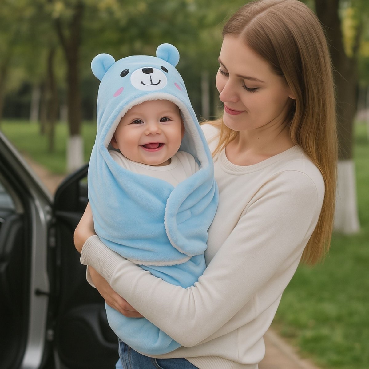 Maman tenant bébé devant la voiture, enveloppé dans un nid d’ange bleu pour lui offrir chaleur et réconfort après la sortie