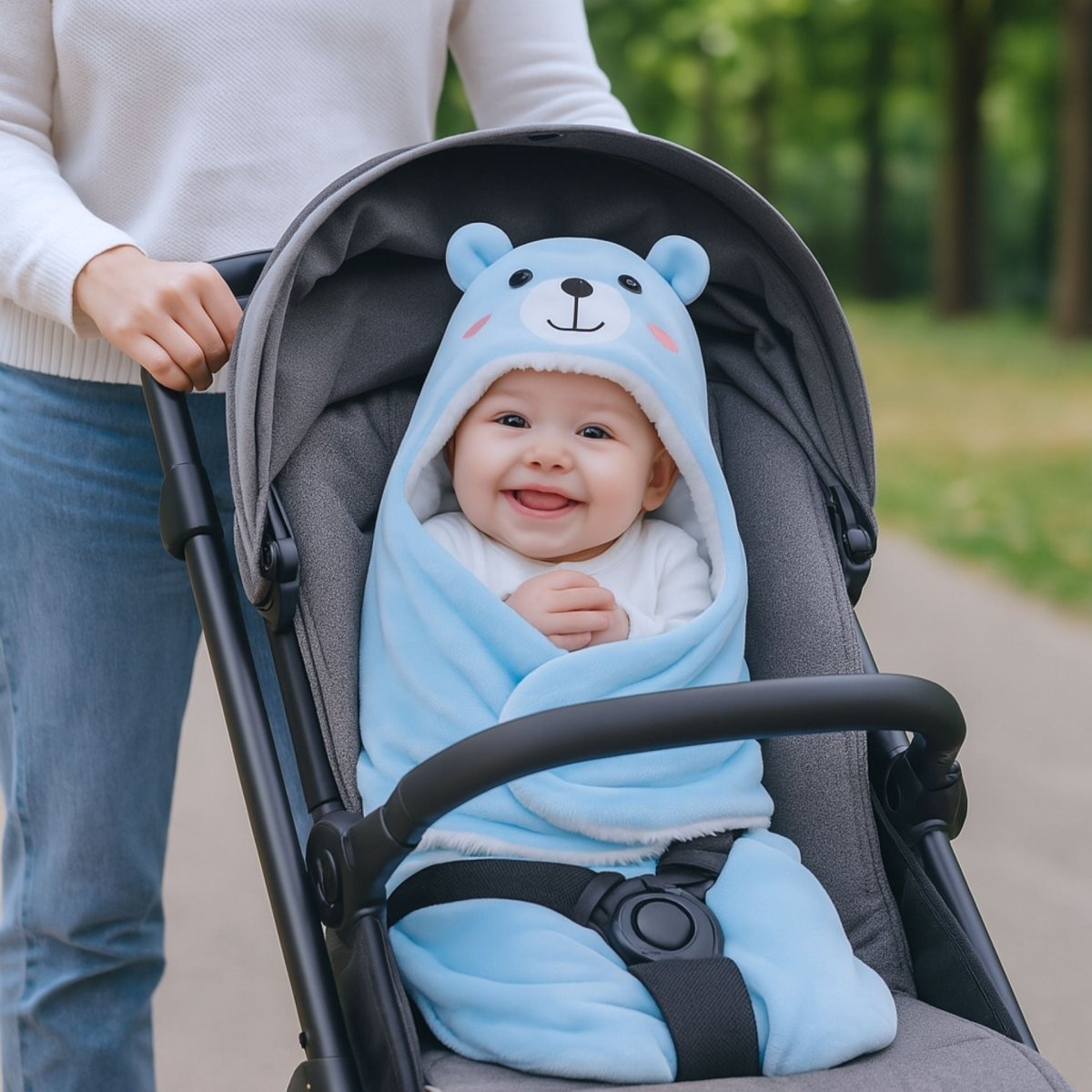 Bébé souriant dans une poussette, enveloppé dans un nid d’ange bleu avec motif ourson au style garçon doux et confortable.