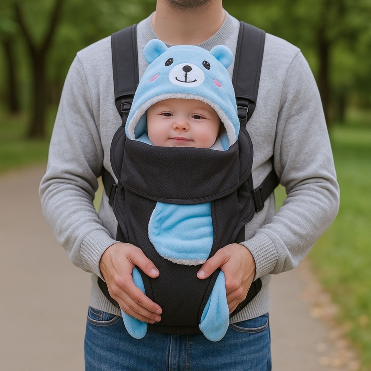 Bébé porté en écharpe dans un nid d’ange bleu à motif ourson, idéal pour les balades confortables en extérieur