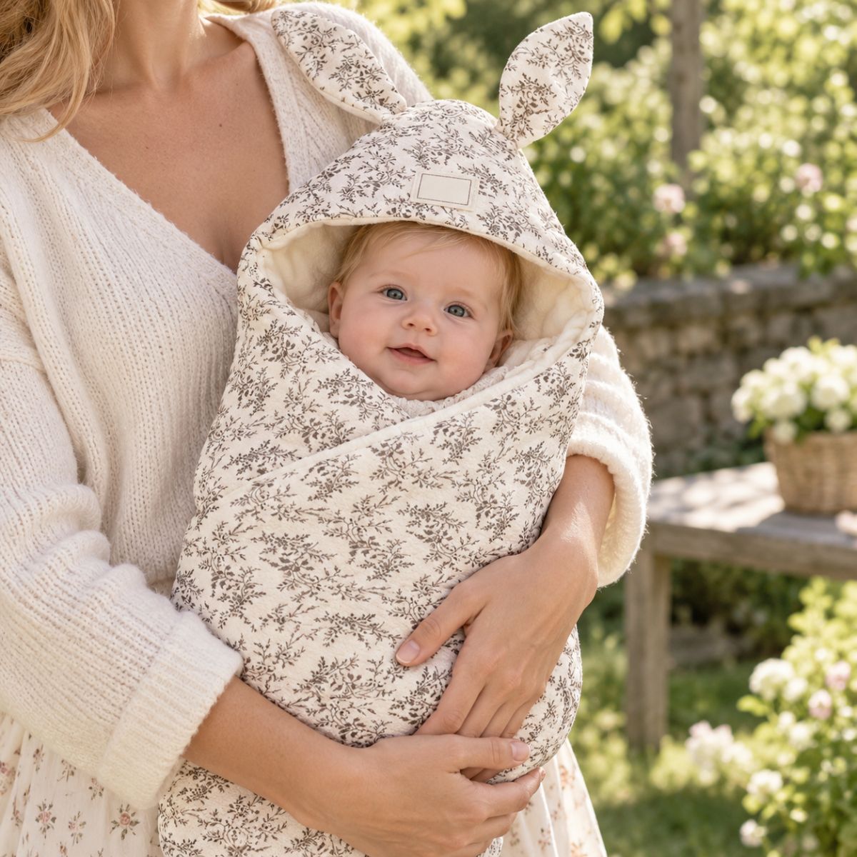 Nid d'ange naissance motif floral porté dans les bras avec capuche à oreilles de lapin