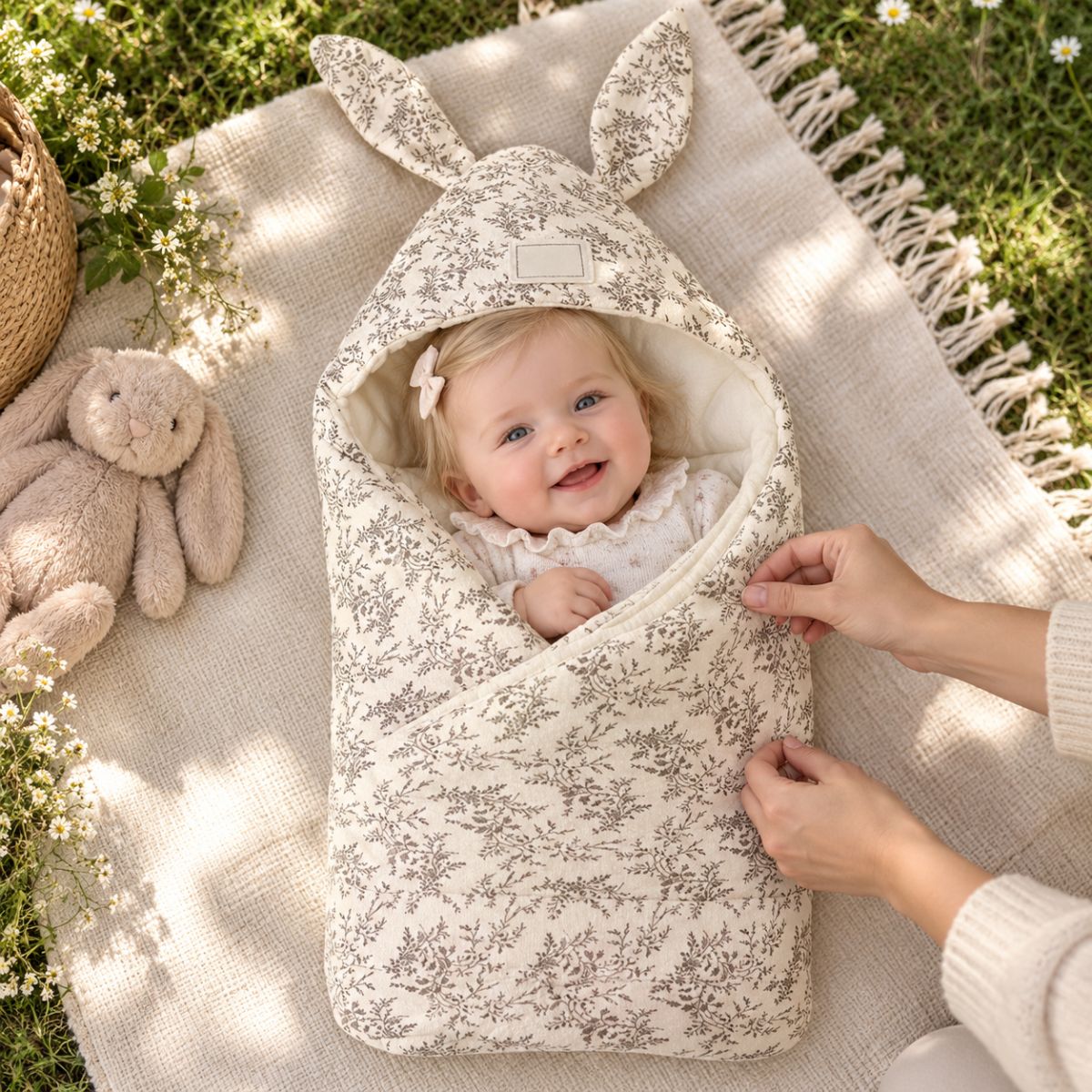 Nid d'ange naissance motif floral avec capuche à oreilles de lapin, bébé installé à l’intérieur